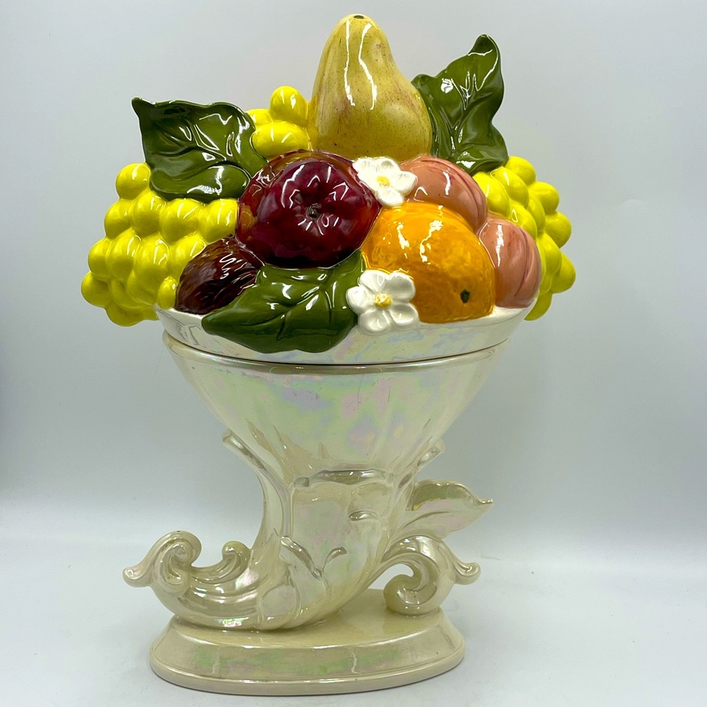 2pc Jamar Mallory Studio Handmade Ceramic Fruit Cornucopia Iridescent Console